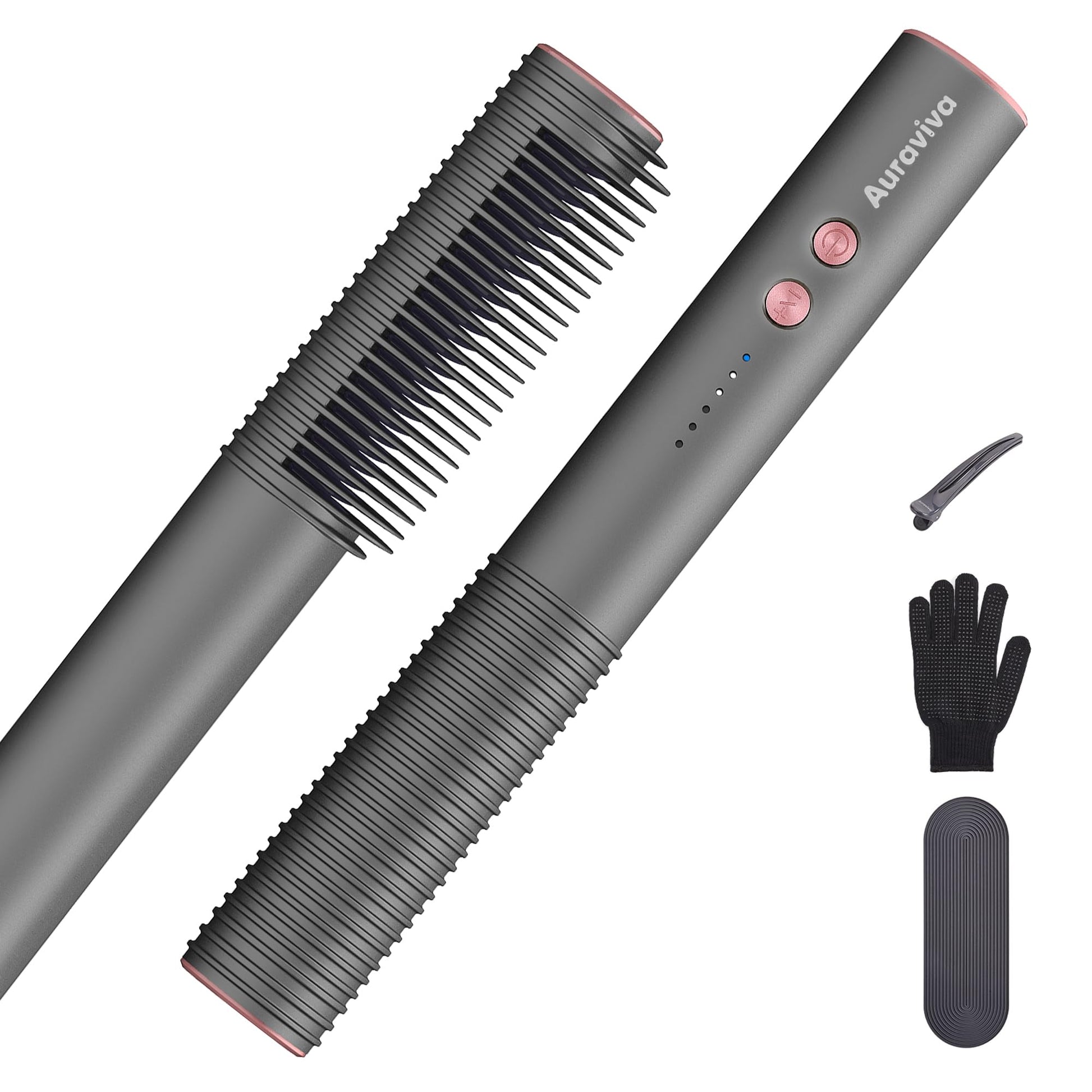 Hair Straightener Brush, Hair Straightener Comb with 5 Temp Settings, Dual Voltage, Anti-Scald, 20s Fast Heating, Ceramic Hot Comb Straightener Straightening Brush for Women, Grey