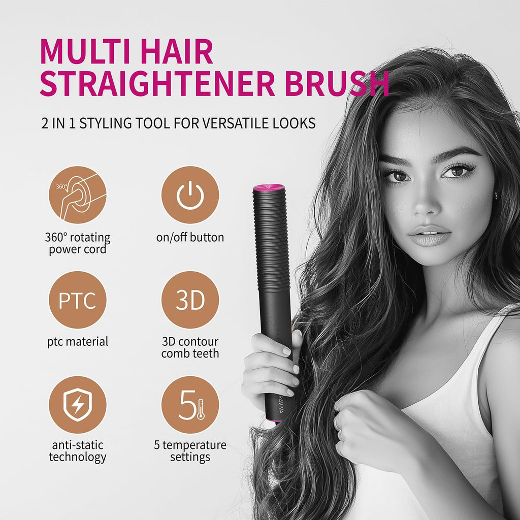Hair Straightener Brush, 2 in 1 Straightening Brush for Women with 5 Temp Settings, 20s Fast Heating & Dual Voltage, Anti-Scald & Auto Shut Off, Great for Professional Salon at Home, Black