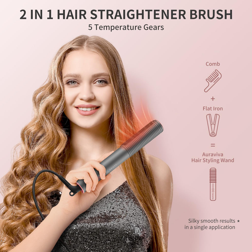 Hair Straightener Brush, Hair Straightener Comb with 5 Temp Settings, Dual Voltage, Anti-Scald, 20s Fast Heating, Ceramic Hot Comb Straightener Straightening Brush for Women, Grey