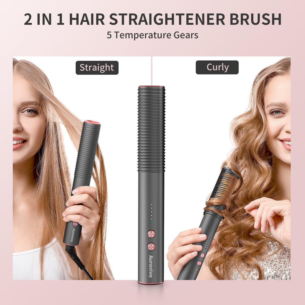 Hair Straightener Brush, Hair Straightener Comb with 5 Temp Settings, Dual Voltage, Anti-Scald, 20s Fast Heating, Ceramic Hot Comb Straightener Straightening Brush for Women, Grey