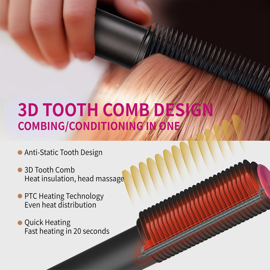 Hair Straightener Brush, 2 in 1 Straightening Brush for Women with 5 Temp Settings, 20s Fast Heating & Dual Voltage, Anti-Scald & Auto Shut Off, Great for Professional Salon at Home, Black