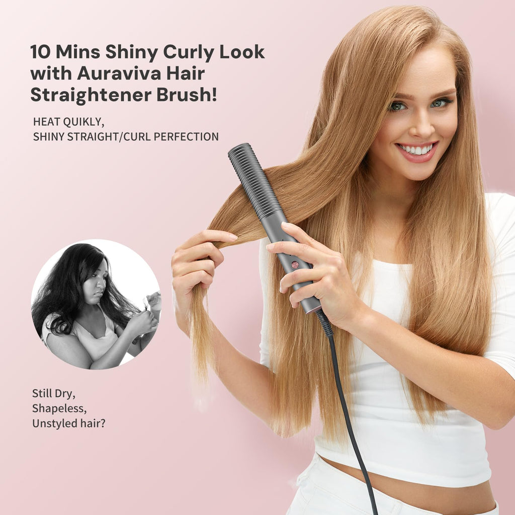 Hair Straightener Brush, Hair Straightener Comb with 5 Temp Settings, Dual Voltage, Anti-Scald, 20s Fast Heating, Ceramic Hot Comb Straightener Straightening Brush for Women, Grey