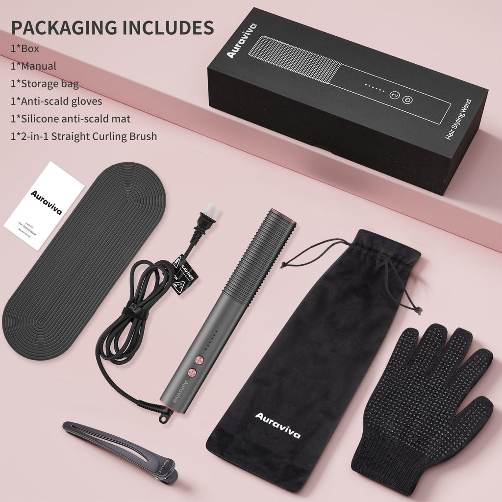 Hair Straightener Brush, Hair Straightener Comb with 5 Temp Settings, Dual Voltage, Anti-Scald, 20s Fast Heating, Ceramic Hot Comb Straightener Straightening Brush for Women, Grey